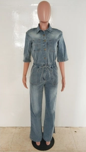 Detail of blue wash denim jumpsuit with short sleeves, collar and metal button front closure