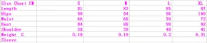 Size chart table with measurements for tight ethnic print dress in S M L XL sizes