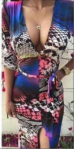 Robe longue sexy à col en V profond avec imprimé serpent coloré pour femme