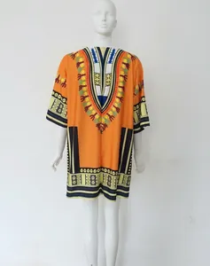 Back view of orange Dashiki print dress with vibrant ethnic patterns and short sleeves