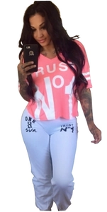 Women Casual Sporty Top And Pants Letter Print V Neck Short Sleeve Shirt Tracksuit Pink Grey Workout Outfit