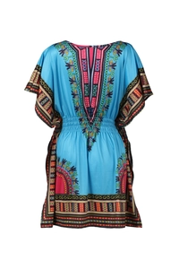 Robe bohème bleu ciel avec imprimé ethnique et taille élastique pour femme