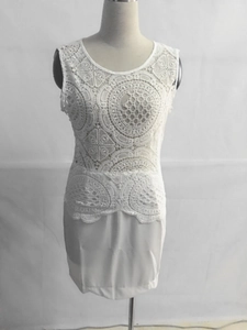 Detail of white sleeveless mini dress featuring circular floral lace and hollow-out embroidery