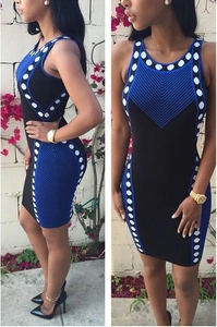 Detail of elegant sleeveless slim fit dress with geometric print and pop art pattern