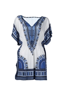 Robe ethnique à col en V, taille élastique et imprimé bohème bleu et blanc