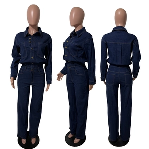 Detailed front side and back views of slim fit dark blue denim long sleeve jumpsuit
