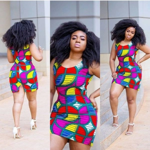Detailed views of sleeveless geometric print bodycon mini dress from multiple angles