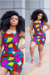 Detailed view of sleeveless bodycon dress with vibrant African geometric print