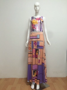 Women's 2-piece outfit with floral striped crop top and geometric high waist long skirt
