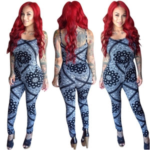 Tuta Intera Donna Sexy Schiena Scoperta Stampa Paisley Aderente Spalline Sottili Senza Maniche Pantaloni Lunghi Clubwear
