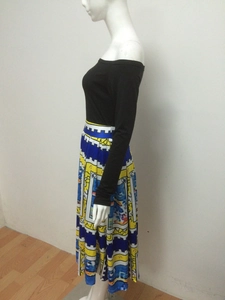 Women's 2-piece set with black off-shoulder long sleeve top and geometric print midi skirt