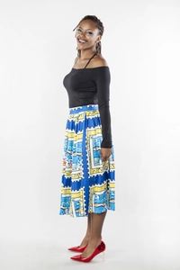 Chic two-piece outfit with black off-shoulder top and blue stamp-print midi skirt