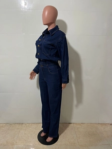 Detail view of dark blue denim jumpsuit featuring metal buttons and chest pockets