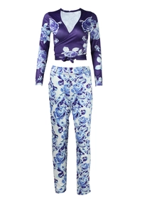 Zweiteiliges Damen-Set mit blauem Rosenprint, V-Ausschnitt Langarmtop und Hose
