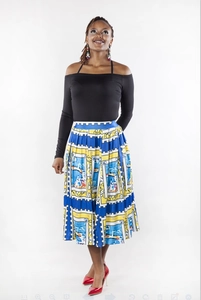Women's chic two-piece set with black off-shoulder top and vibrant stamp print midi skirt