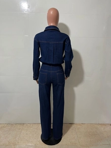 Rear view of slim fit dark blue denim jumpsuit with long sleeves and back pockets