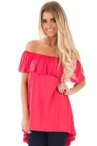 Femme Sexy Rouge Épaules Dénudées Haut Volants Ourlet Asymétrique Sans Manches Slim Fit Blouse De Soirée Club