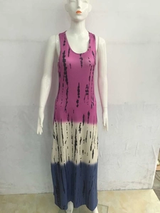 Women's sleeveless maxi dress with pink and blue gradient tie-dye and stripe pattern