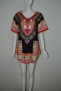 Vintage ethnic Dashiki print dress with V-neck and colorful geometric patterns