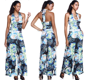 Tuta Intera Donna Sexy Allacciata al Collo Schiena Scoperta Paisley Floreale Vita Alta Gamba Larga Senza Maniche Mare Vacanza