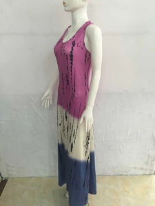 Women sleeveless maxi dress featuring artistic pink and blue gradient tie-dye stripes