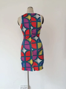 Detail of elegant sleeveless geometric print bodycon mini dress with back slit and zipper