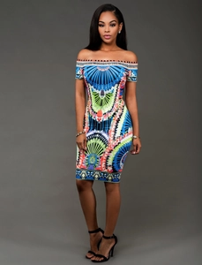 Robe Mini Moulante Épaules Dénudées pour Femmes Imprimé Tribal Géométrique Sexy Coupe Ajustée Manches Courtes Robe de Soirée