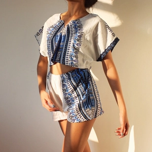 Women Ethnic Print V Neck Short Sleeve Crop Top And Elastic Waist Shorts Linen Blend Bohemian Retro Summer Beach Outfit