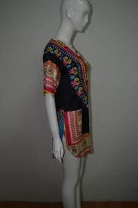 Vintage ethnic dashiki print short sleeve dress with colorful geometric V-neck patterns