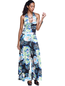 Tuta sexy con scollo all'americana, stampa floreale geometrica e gamba ampia