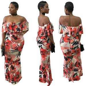 Women Off The Shoulder Ruffle Maxi Dress Floral Print Linen Elegant Vacation Party Slim Fit Long Dress