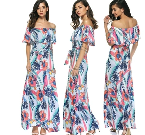 Women Off-Shoulder Ruffle Floral Maxi Dress Summer Tropical Print Belted Boho Vacation Beach Nightclub Long Dress