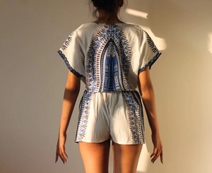 Ethnic dashiki print two-piece crop top and shorts set for women in blue and white