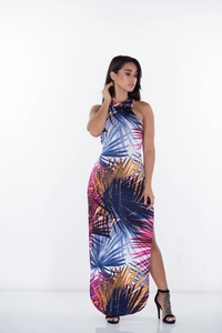Maxikleid mit tropischem Palmenprint, Neckholder und hohem Seitenschlitz