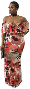 Off-shoulder floral maxi dress with ruffle neckline and tropical print mermaid skirt