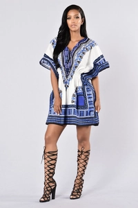 Women's Sexy Ethnic Dashiki Print Dress Vintage V-Neck Short Sleeve Elastic Waist Bohemian Mini Dress For Vacation Party