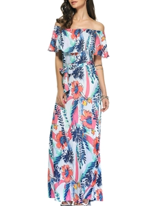 Floral off-shoulder maxi dress with ruffled neckline and tie-waist in vibrant orange