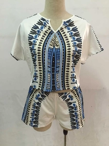 Women's two-piece ethnic print set with V-neck short sleeve top and wide-leg shorts