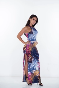 Damen Neckholder Ärmellos Maxi Kleid Tropisch Palmblatt Druck Hoher Schlitz Leinenmischung Sommer Urlaub Strand Langes Kleid