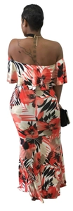 Off-shoulder floral maxi dress with ruffle hem and bold red and white patterns