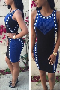 Elegant sleeveless geometric print bodycon mini dress for women with blue accents