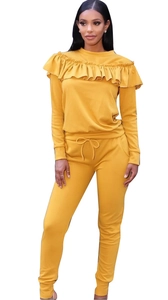 Women Casual Ruffled Long Sleeve Top And Drawstring Jogger Pants Tracksuit Ginger Yellow Fashion Streetwear For Ladies