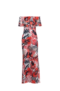 Floral off-the-shoulder maxi dress with tropical print and elegant ruffled neckline