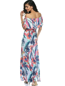 Floral off-shoulder maxi dress with tropical print and ruffle hem for summer fashion style