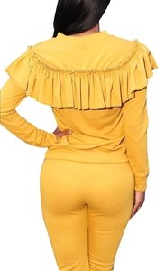 Ginger yellow two-piece lounge set with elegant ruffle detail on the back and shoulders
