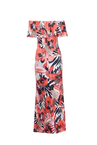 Off-the-shoulder floral maxi dress with ruffle neckline and tropical print on white backdrop