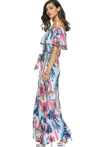 Floral off-the-shoulder summer maxi dress with waist tie and vibrant tropical print
