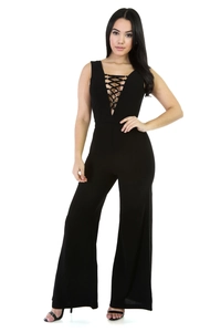 Combinaison Femme Sexy Col en V Sans Manches Lacet Croisé Dos Nu Pantalon Jambes Larges Taille Haute One Piece Clubwear