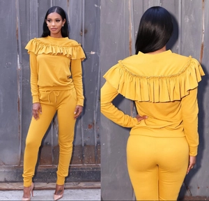 Women's two-piece mustard yellow leisure set with ruffled crewneck top and drawstring pants