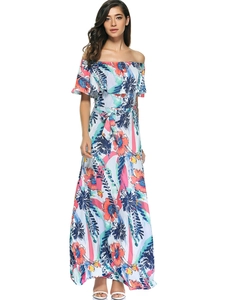 Floral off-shoulder summer dress with ruffle sleeves and waist tie on white background